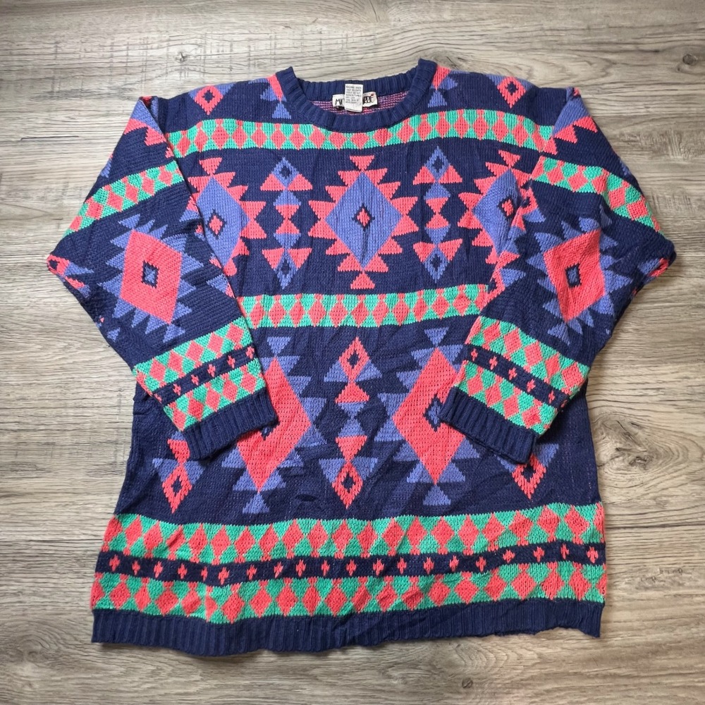 Michael Gerald Sweater Mens M Blue Pink Geometric Southwestern Vintage 80s 90s